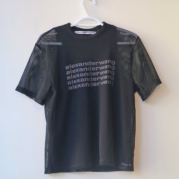 Alexander Wang Authentic Black Stacked Logo Mesh Tee (Women's XS) - Picture 1 of 3